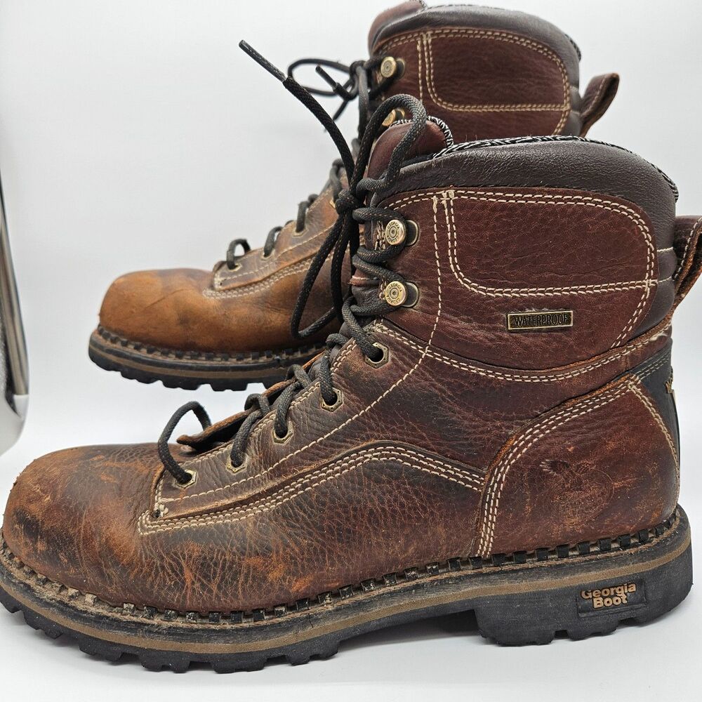 Georgia Boot 6" AMP LT Logger Low Heel Waterproof Work Boots Men's 11.5 Brown